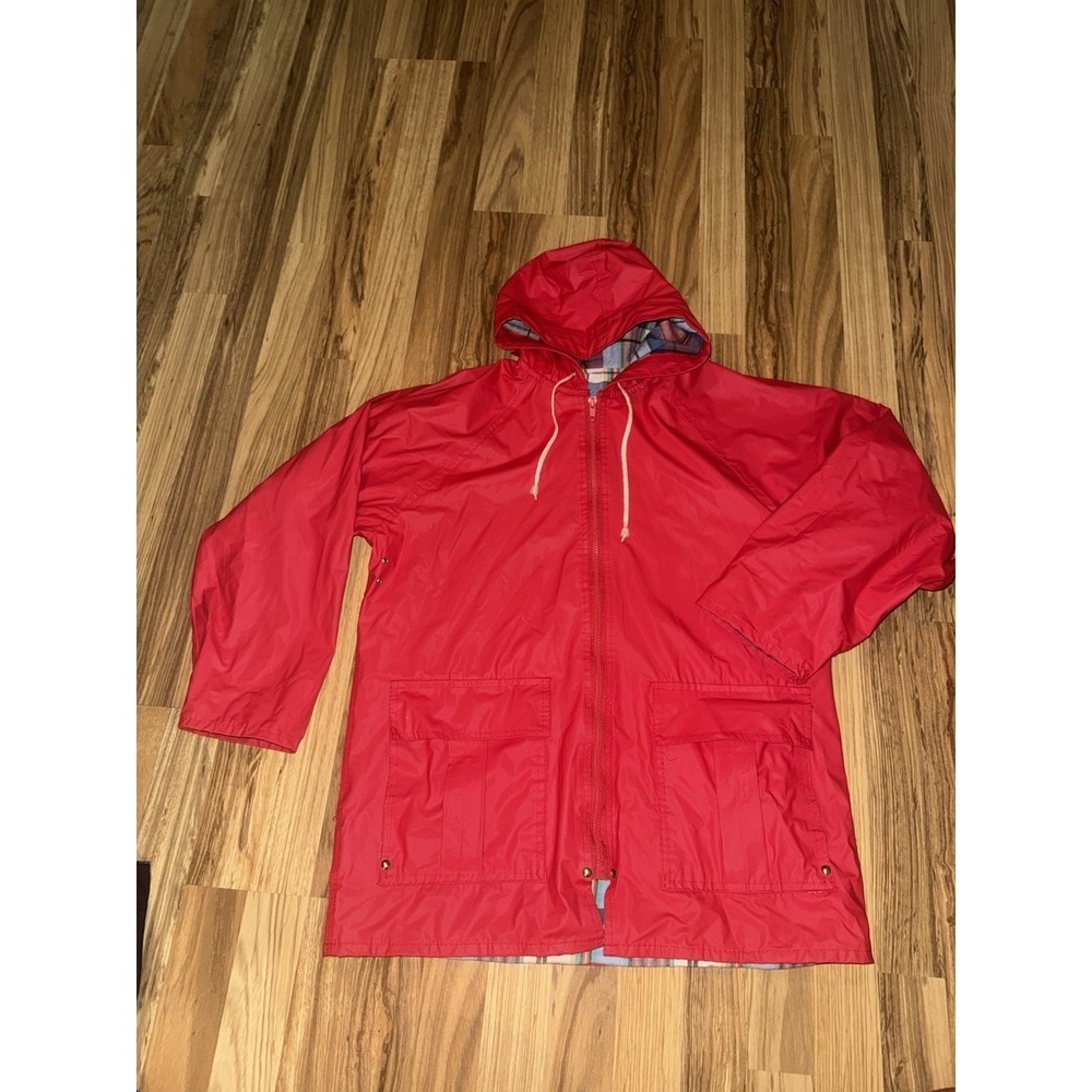 VTG Misty Harbor Rain Coat Women's Small Hooded Vinyl Red Jacket Plaid Lined Zip
